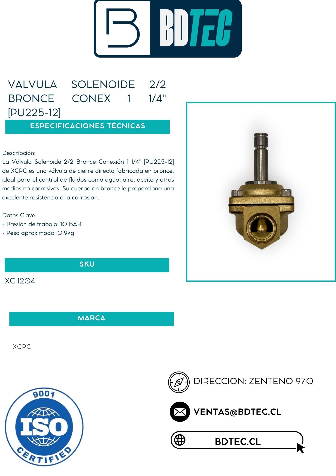 Valvula solenoide 2/2 bronce conex 1 1/4" [PU225-12]