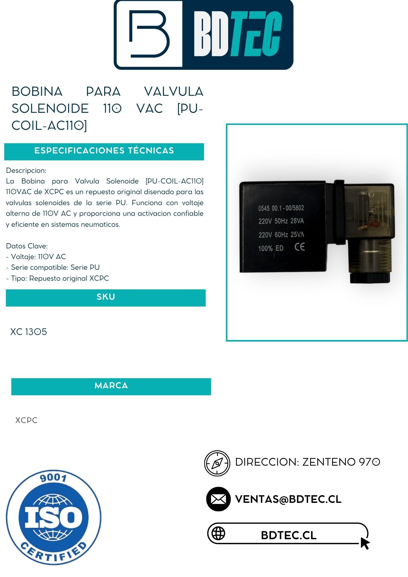 Bobina para valvula solenoide 110 vac [PU-COIL-AC110]
