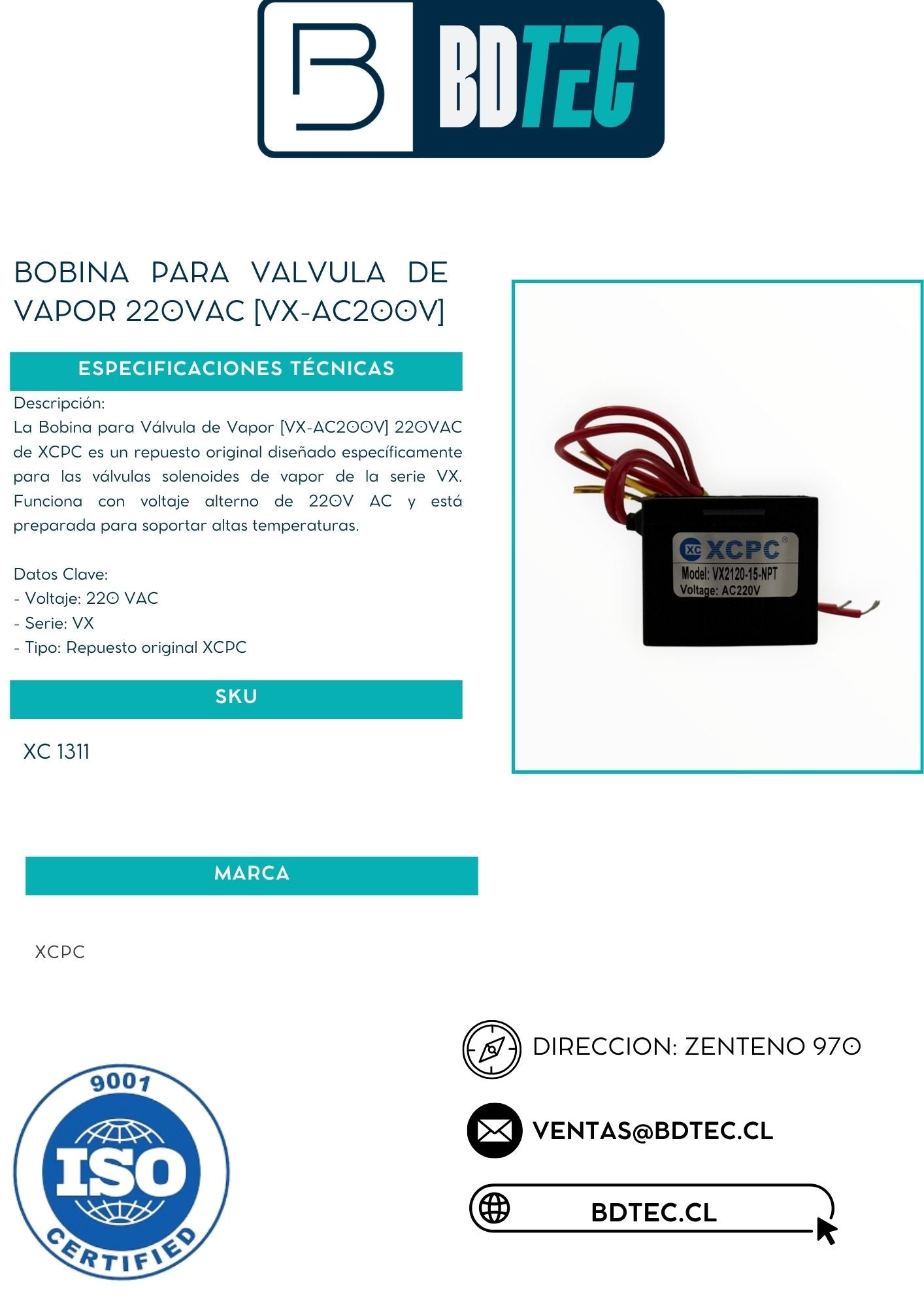 Bobina para válvula de vapor 220 VAC