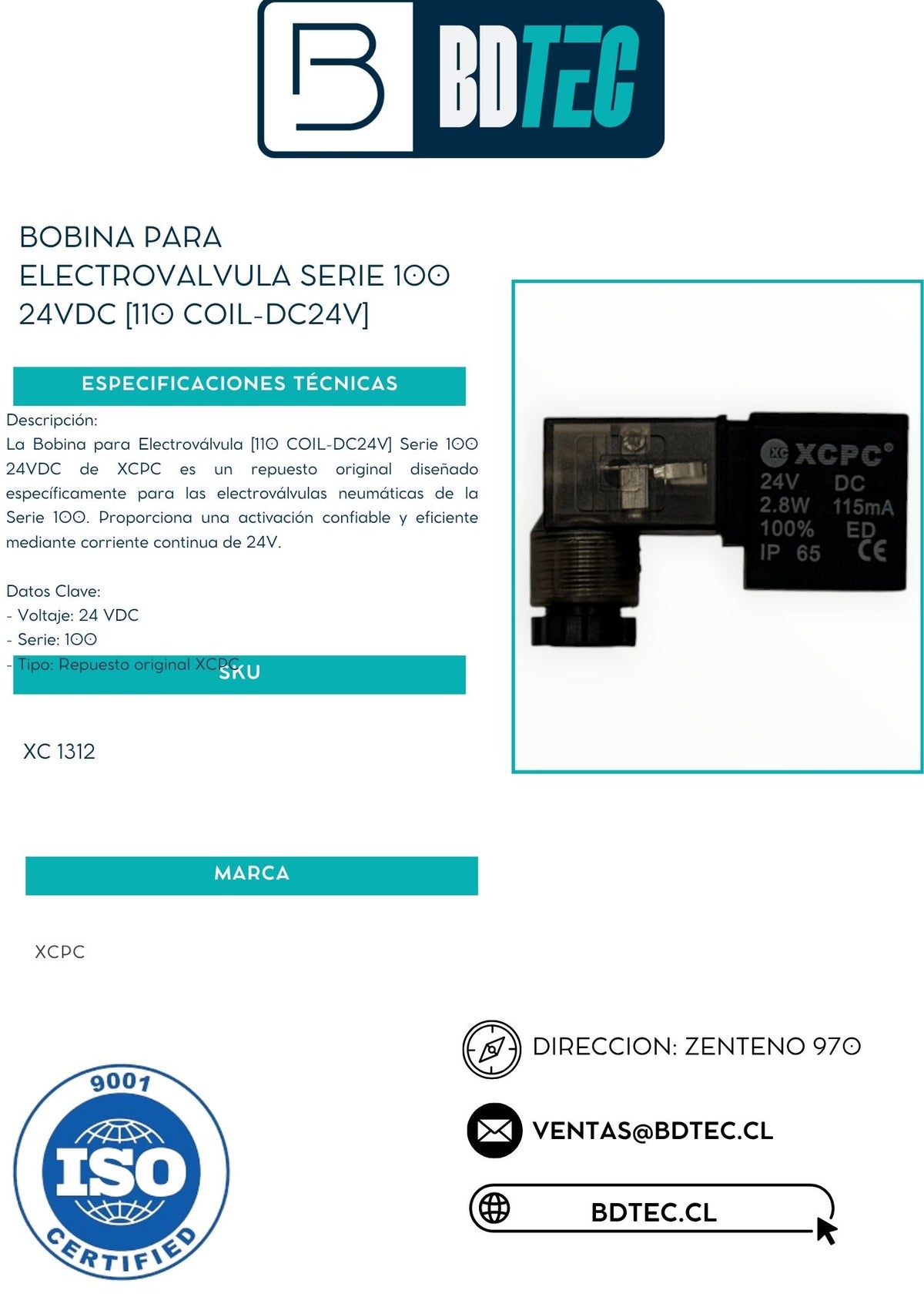 Bobina para electroválvula serie 100 24 VDC XCPC 110 COIL-DC24V - vista 2