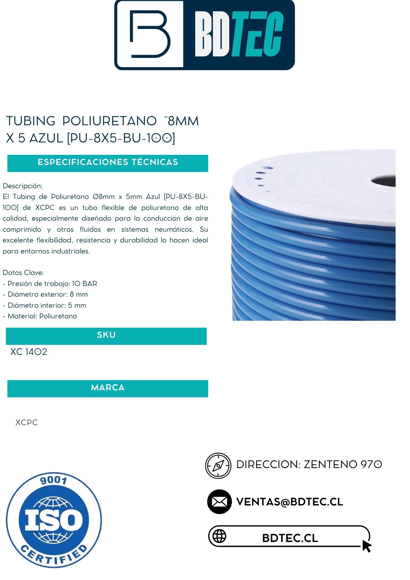 Tubing poliuretano 8mm x 5 azul [PU-8X5-BU-100]
