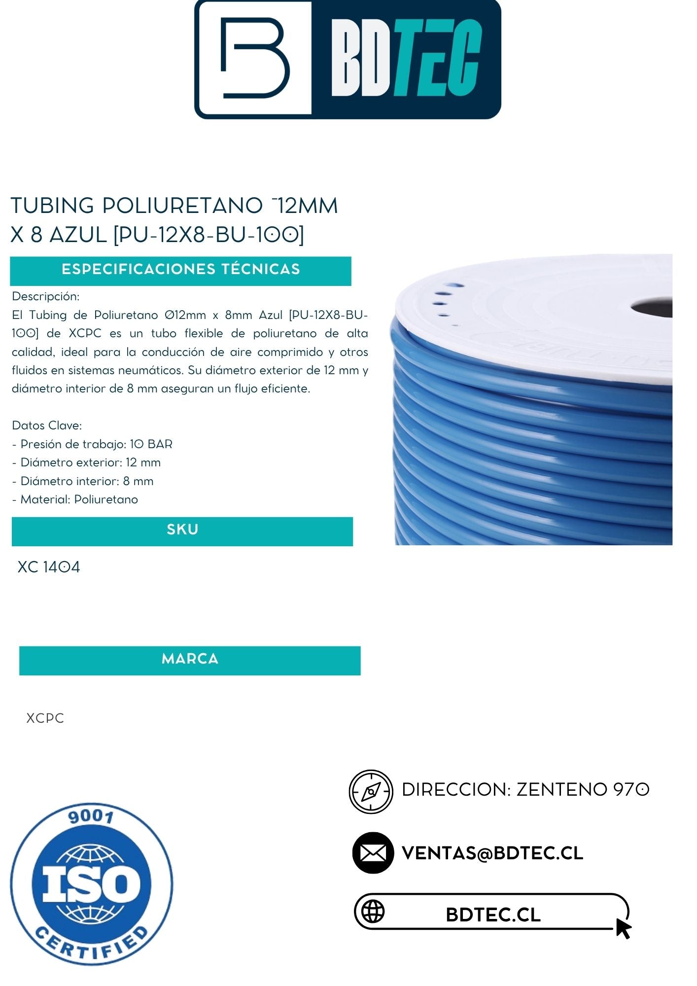 Tubing poliuretano ¯12mm x 8 azul [PU-12X8-BU-100]