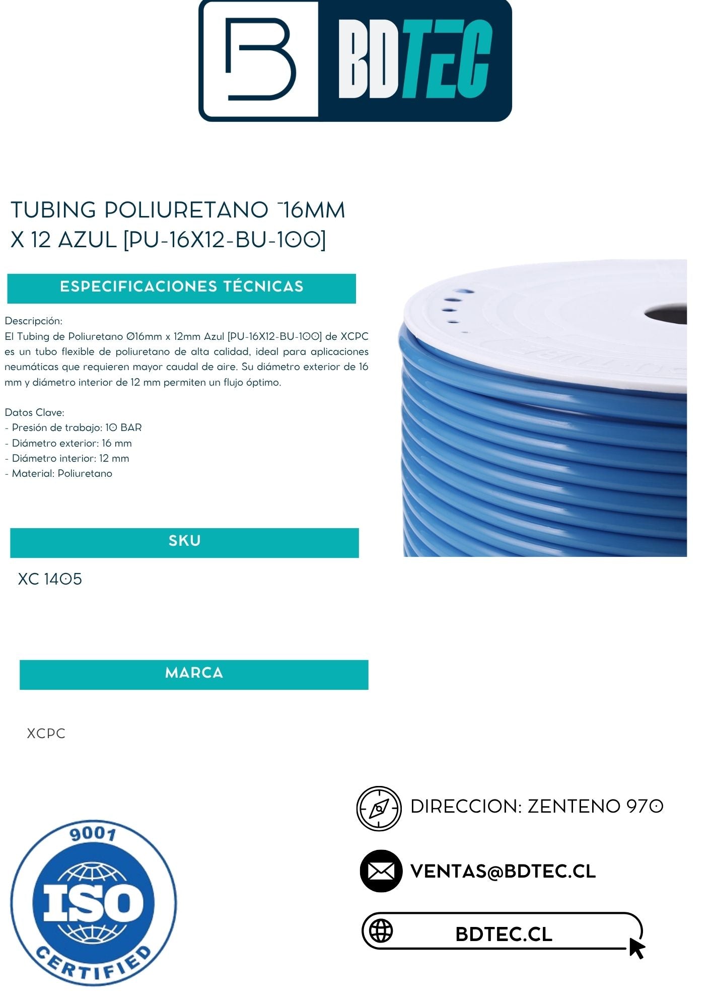 Tubing poliuretano ¯16mm x 12 azul [PU-16X12-BU-100]