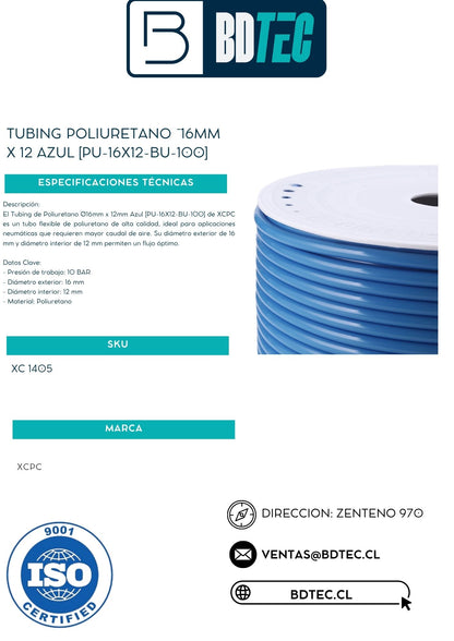 Tubing poliuretano ¯16mm x 12 azul [PU-16X12-BU-100]