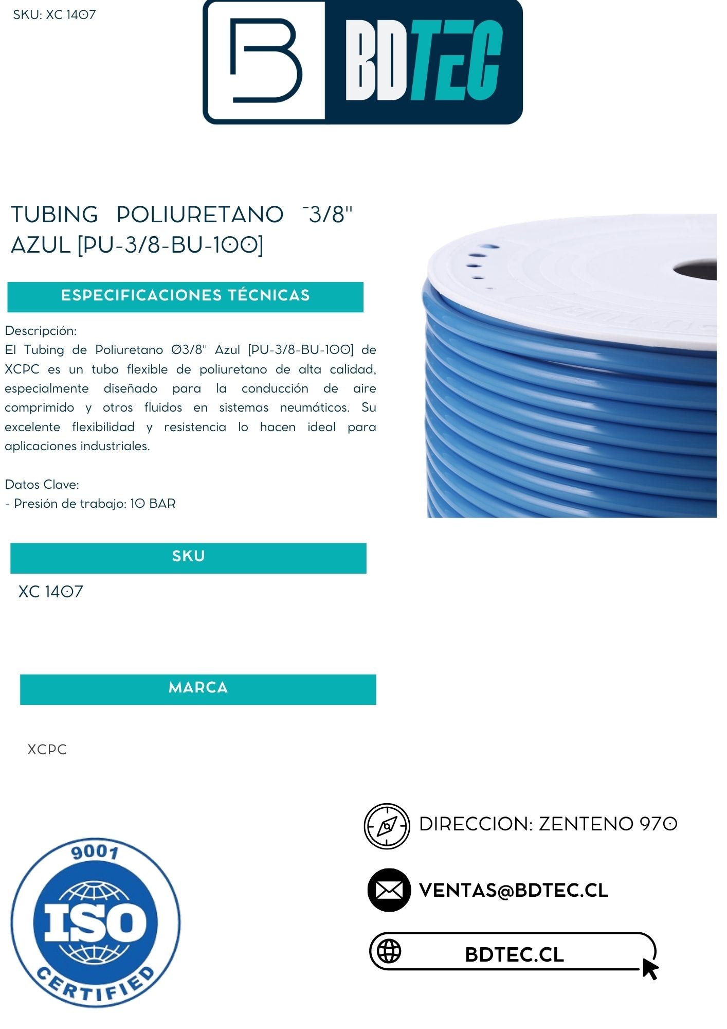 Tubing poliuretano ¯3/8" azul [PU-3/8-BU-100]