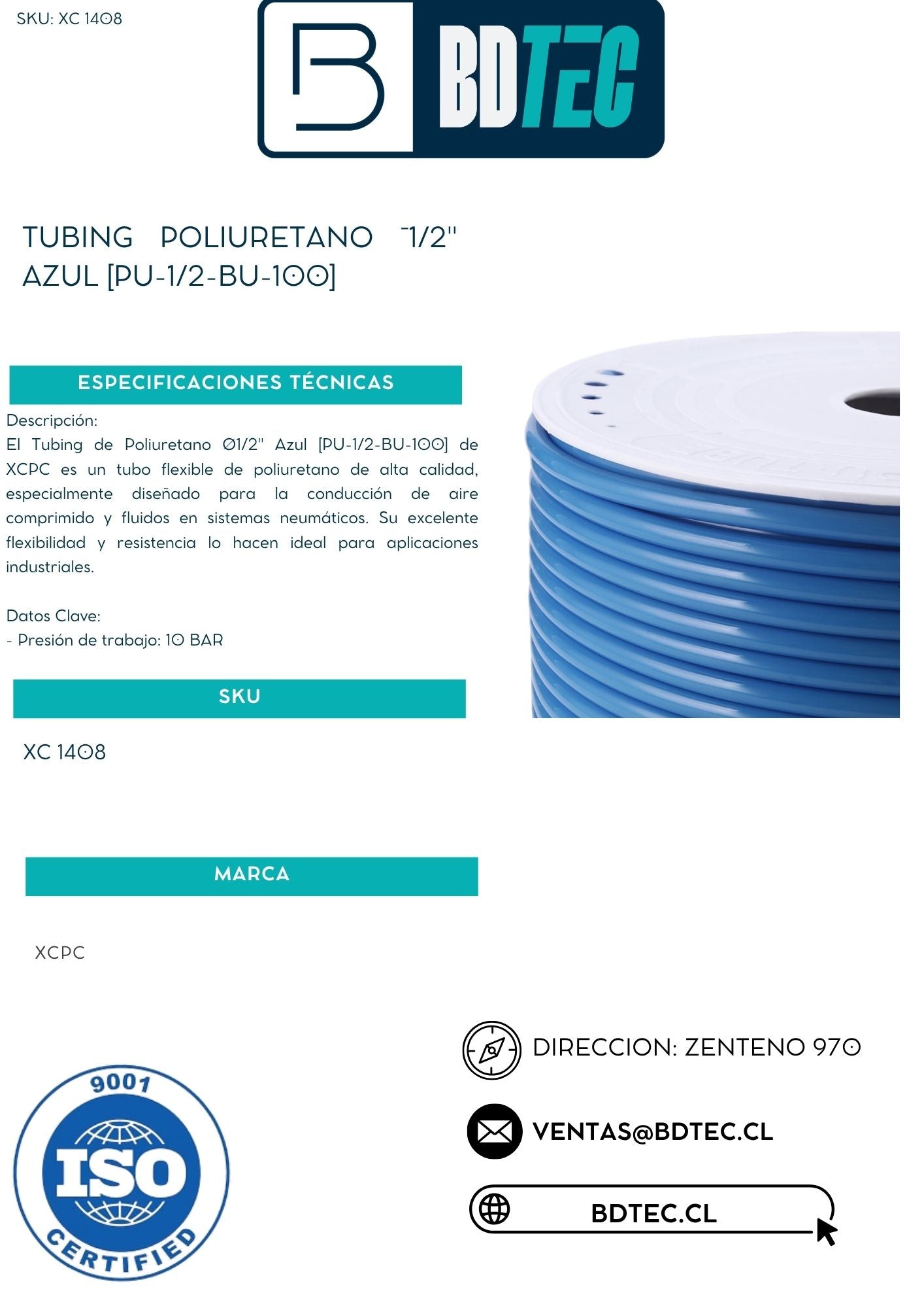 Tubing poliuretano ¯1/2" azul [PU-1/2-BU-100]