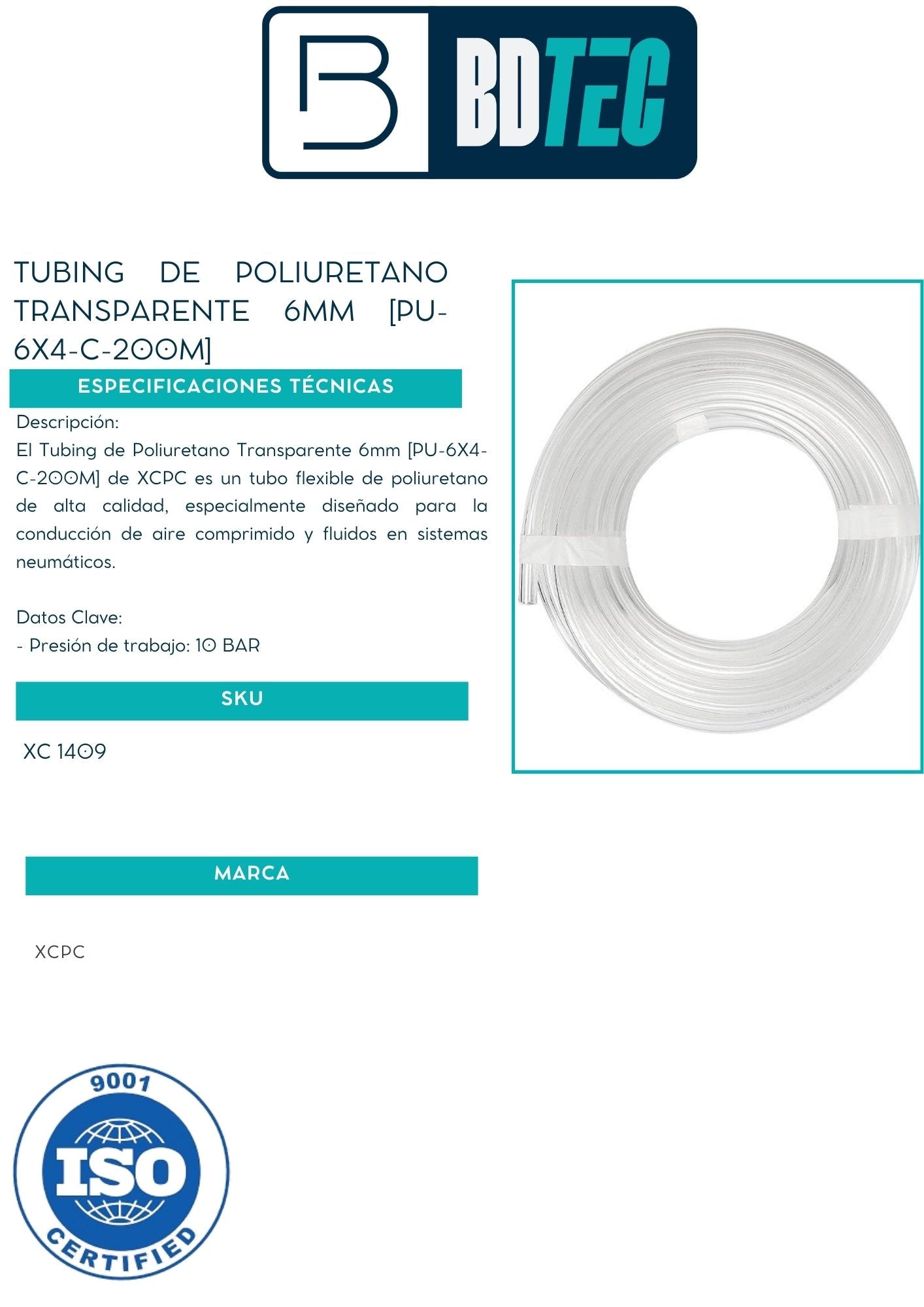 Tubing de poliuretano transparente 6mm [PU-6X4-C-200M]