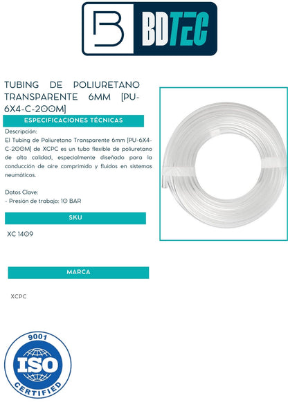 Tubing de poliuretano transparente 6mm [PU-6X4-C-200M]
