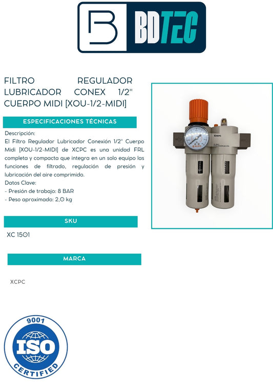 Filtro regulador lubricador conex 1/2" cuerpo midi [XOU-1/2-MIDI]