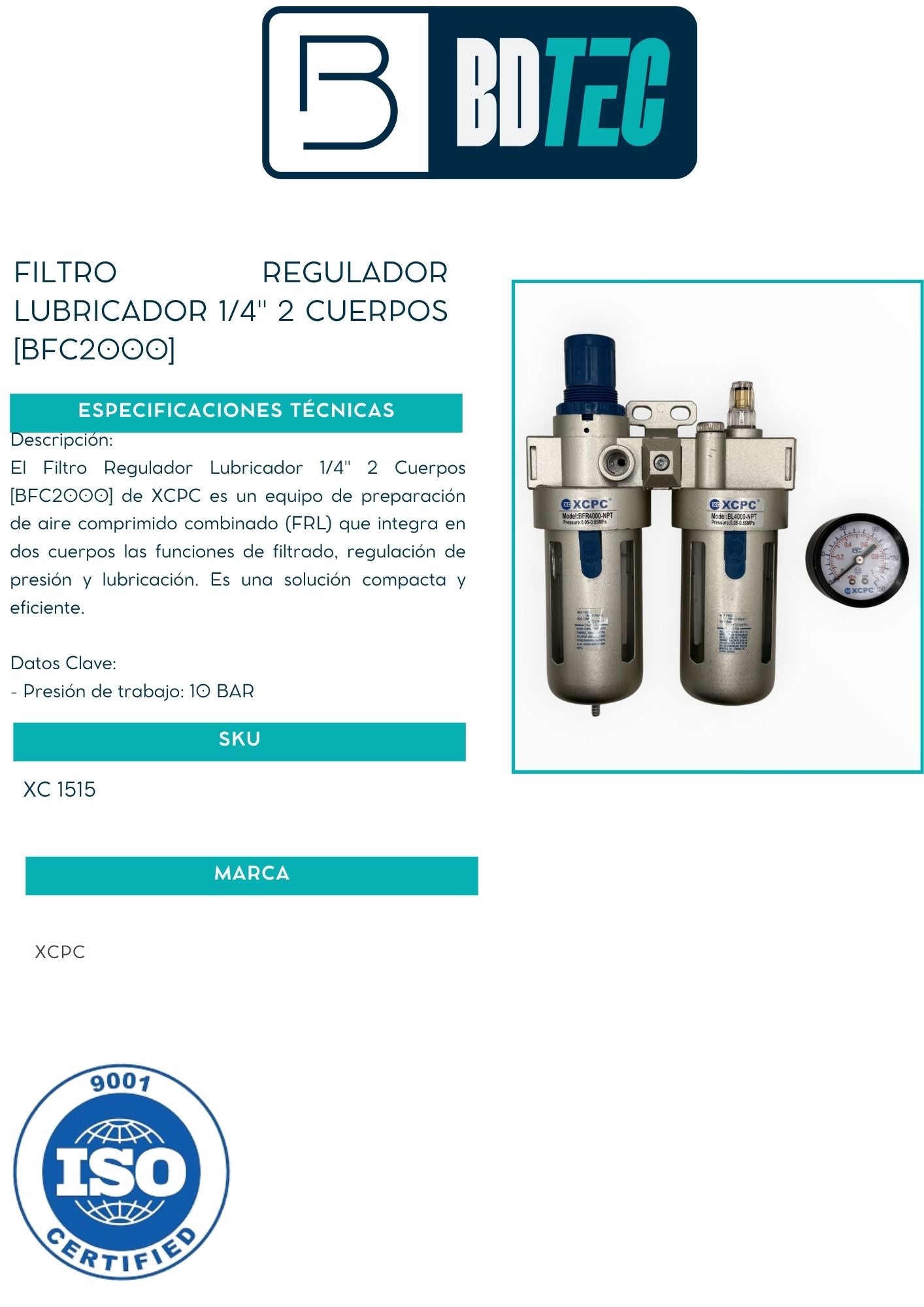 Filtro regulador lubricador 1/4" 2 cuerpos [BFC2000]