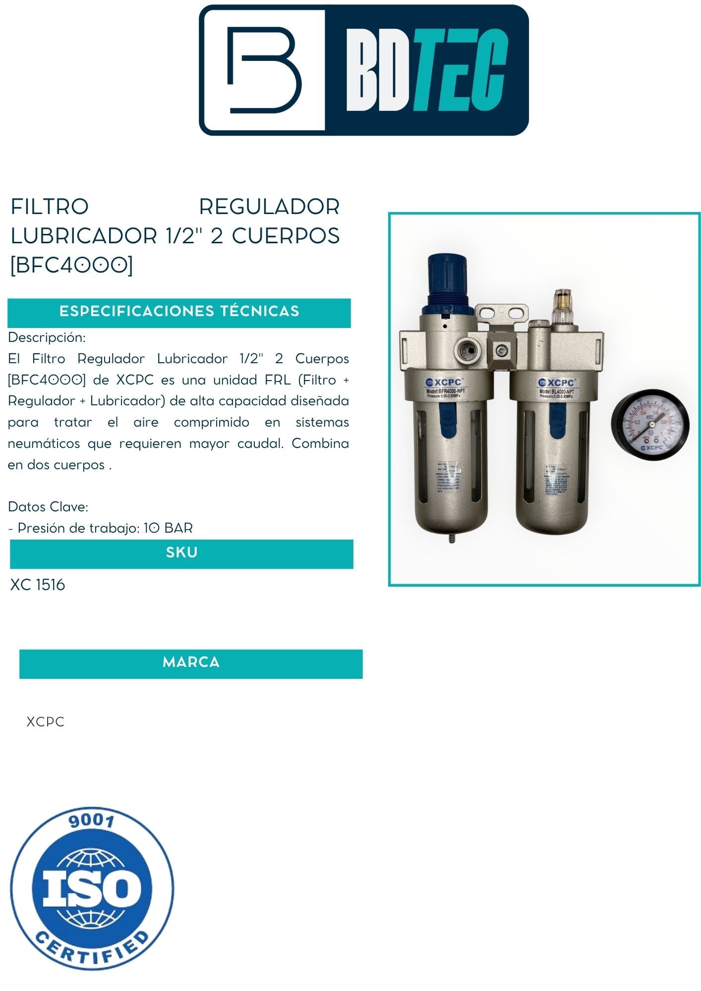 Filtro regulador lubricador 1/2" 2 cuerpos [BFC4000]
