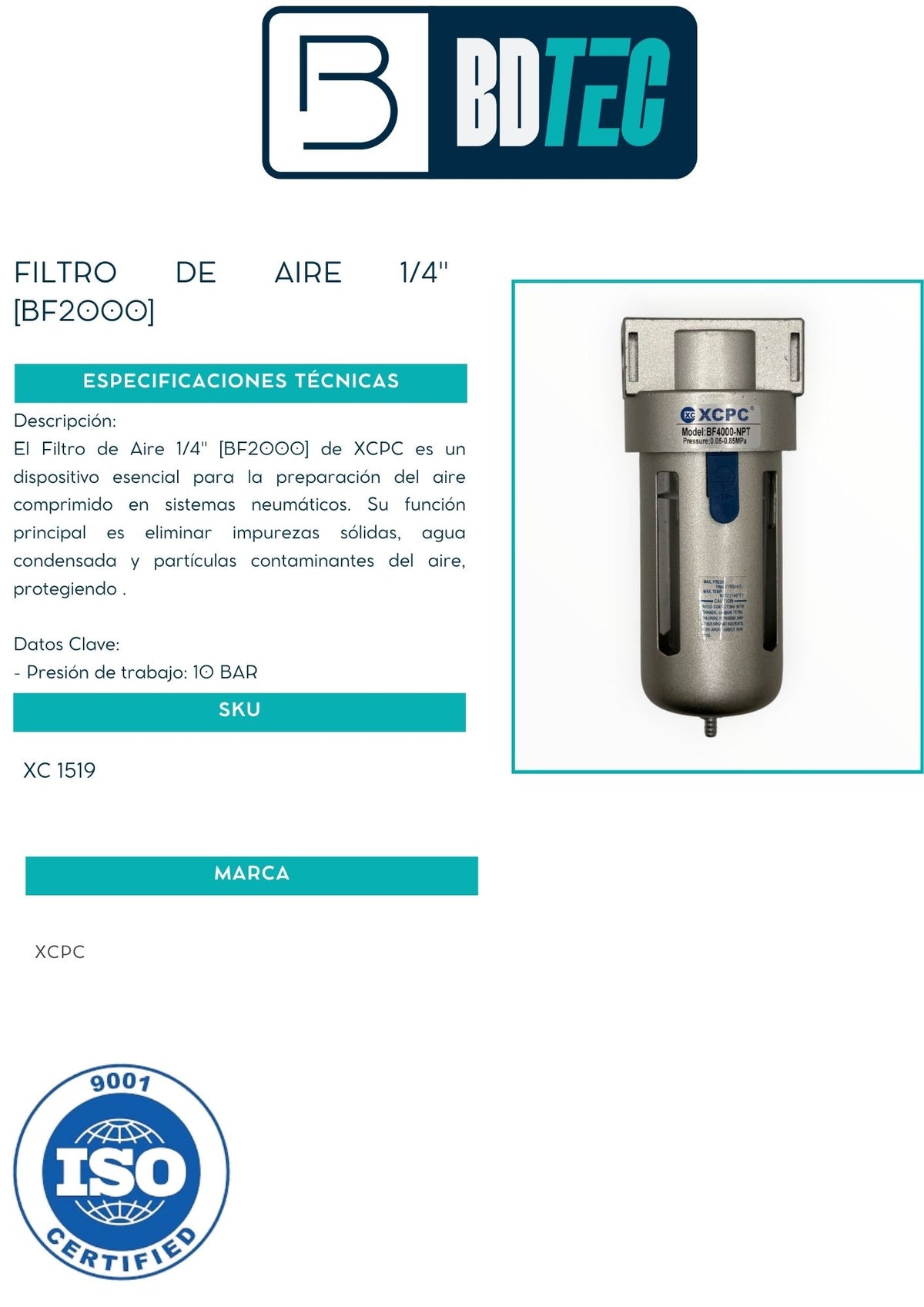 Filtro de aire 1/4" XCPC BF2000 - vista 2