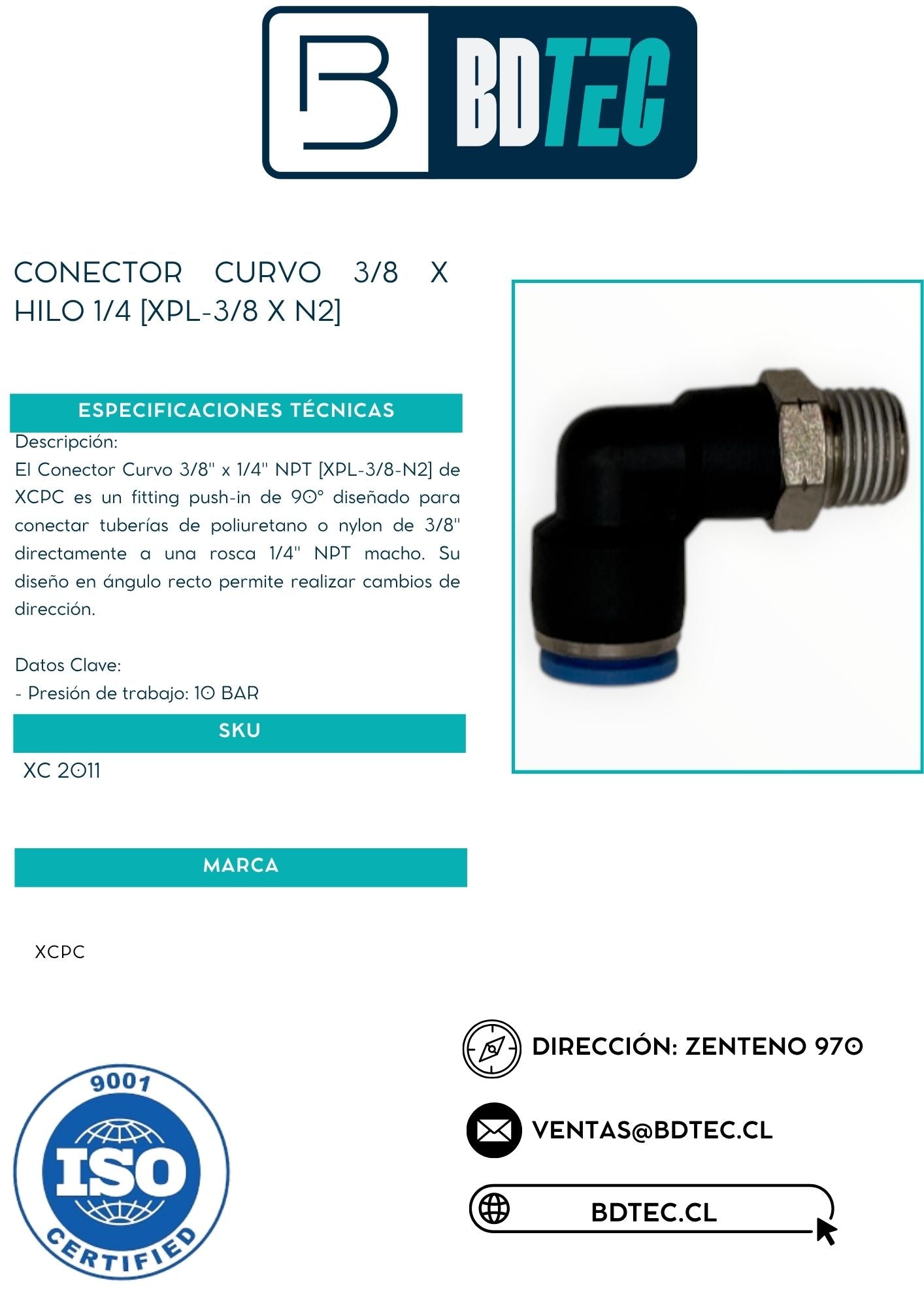 Conector curvo 3/8 x hilo 1/4 [XPL-3/8 X N2]