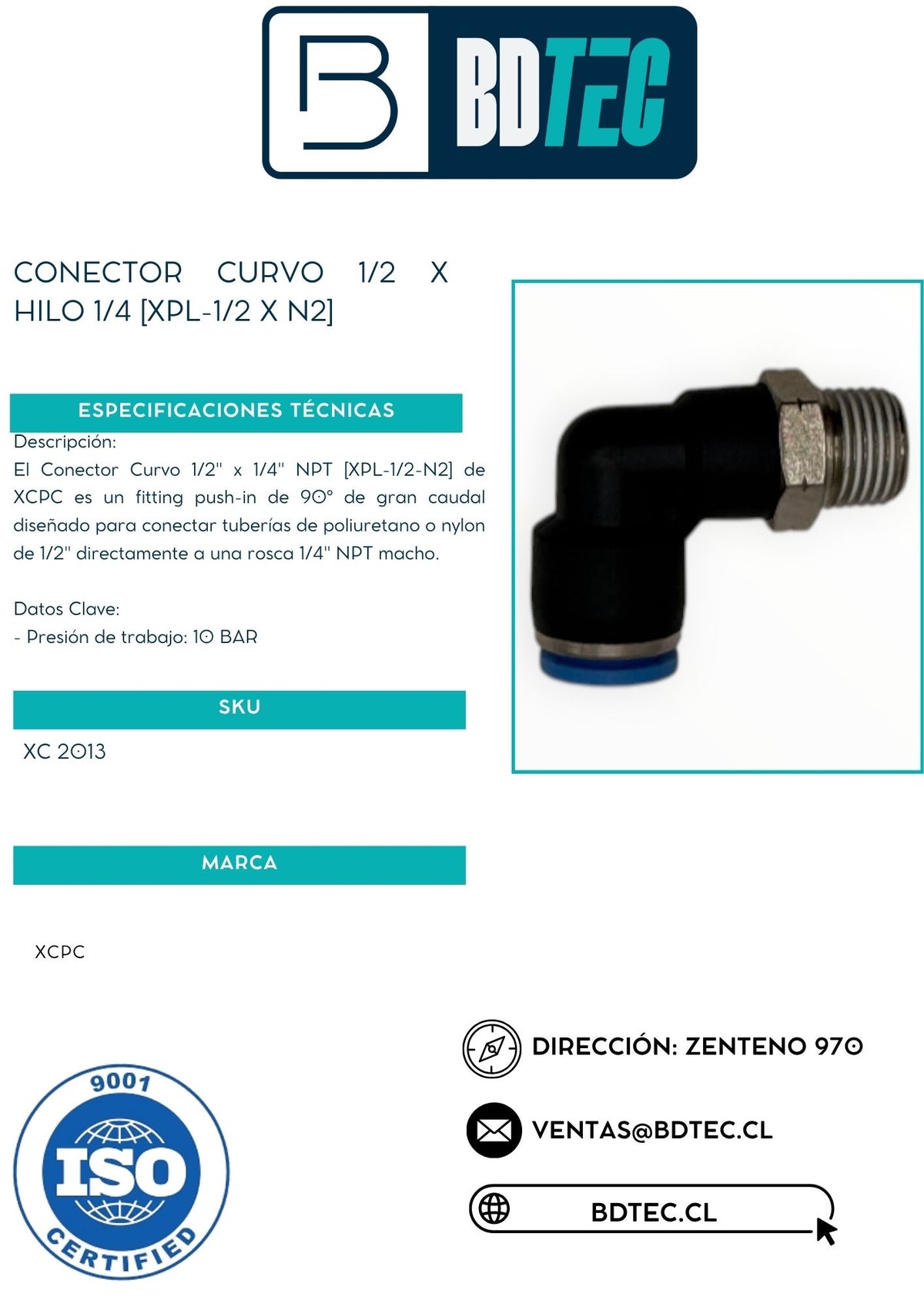 Conector neumático curvo 1/2 x hilo 1/4 XCPC XPL-1/2-N2 - vista 2