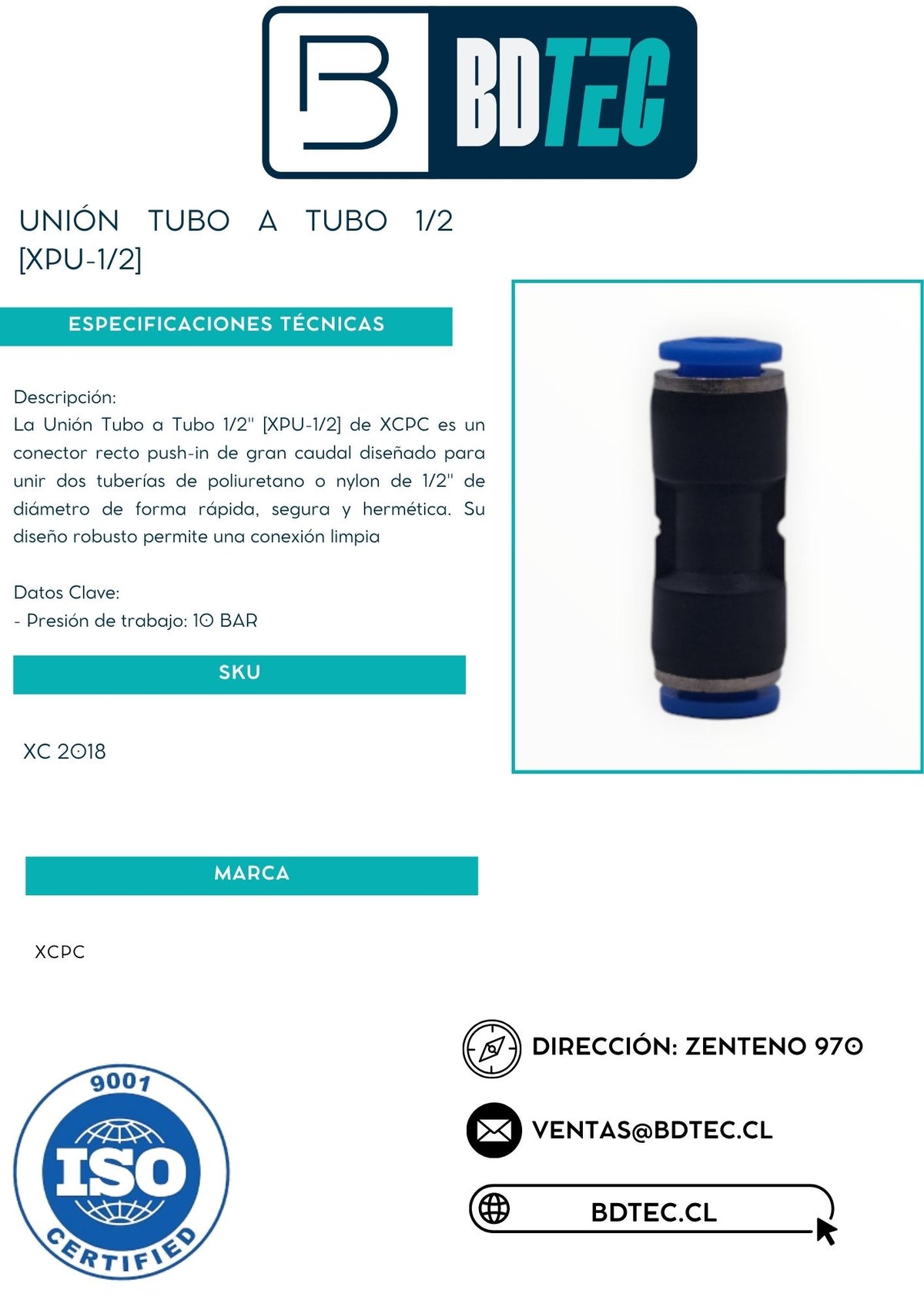 Unión neumática tubo a tubo 1/2 XCPC XPU-1/2 - vista 2
