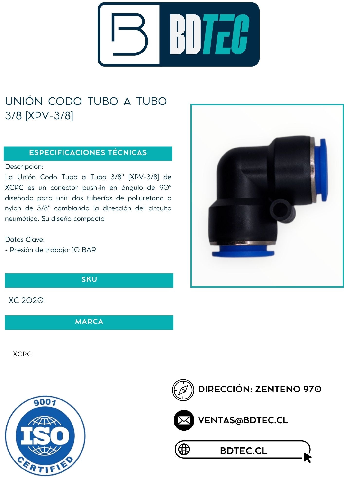 Unión codo tubo a tubo 3/8 [XPV-3/8]